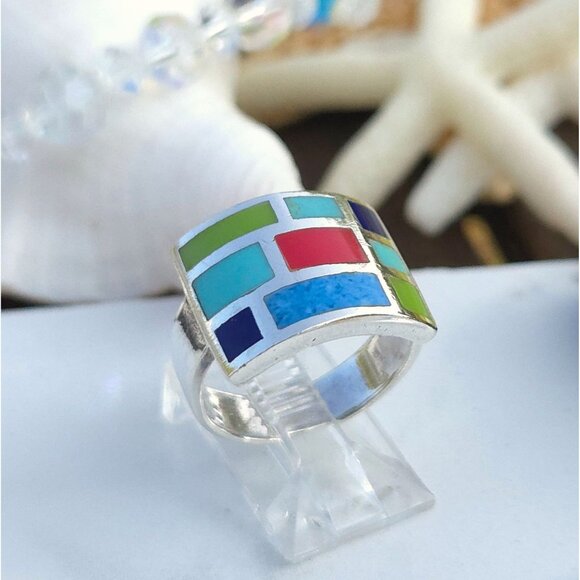 Vintage Native American Multi-Stoned Sterling Silver Ring - Picture 4 of 12